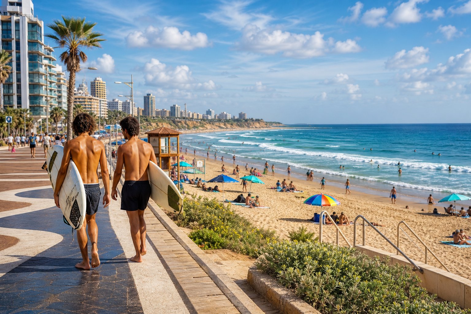Netanya beach promenade and surfers
